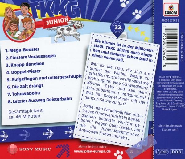 Rückseite eines TKKG Junior CD-Hülle. Text beschreibt die Geschichten, Logos und Kontaktinfos.