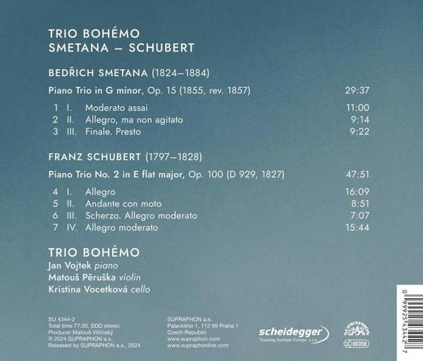 Rückseite einer CD mit Text über Trio Bohémo und Schubert-Kompositionen, einschließlich Noten.