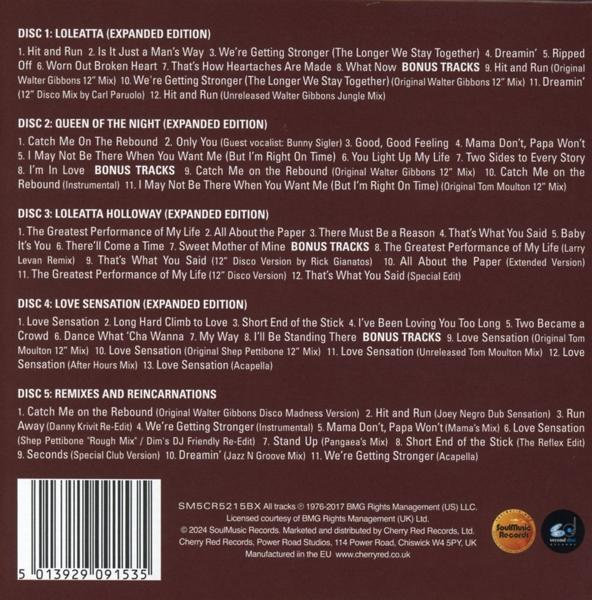 Rückseite eines Albums mit Songlisten und Credits. Der Text ist auf Englisch. Der Hintergrund ist schwarz.