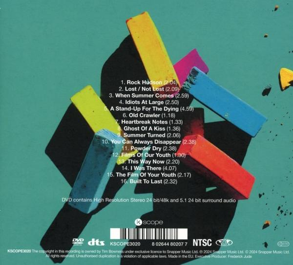 Rückseite einer CD-Hülle mit bunten geometrischen Formen und einer Titelliste. Text: Kscope.