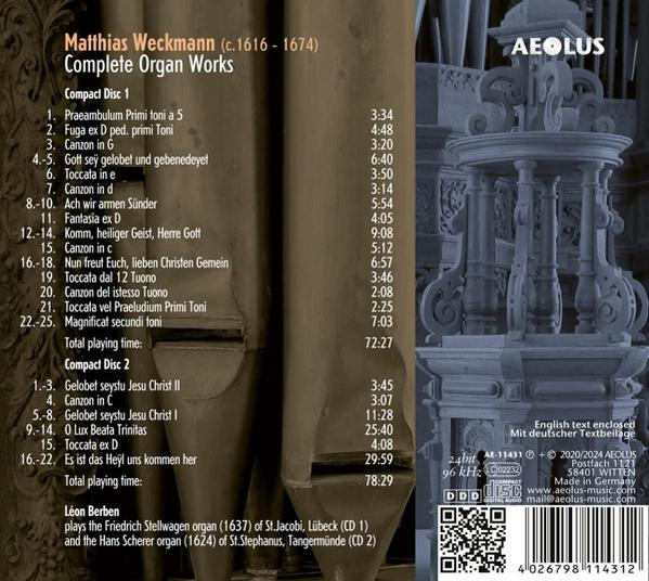 CD-Cover: Matthias Weckmann, Complete Organ Works, Trackliste, AEOLUS Label.