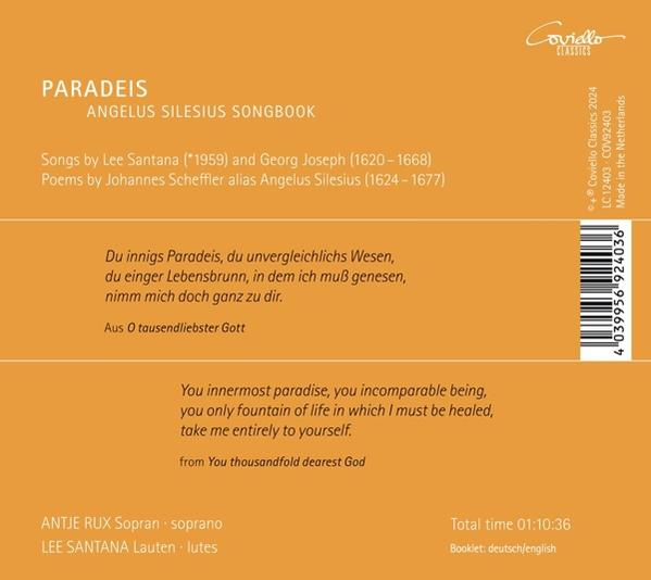 Rückseite einer CD-Hülle, weißer Hintergrund, gedruckter Text auf Deutsch und Englisch.