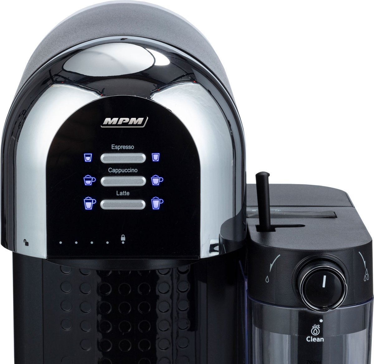 Czarny i srebrny ekspres do kawy. Tło jest białe.