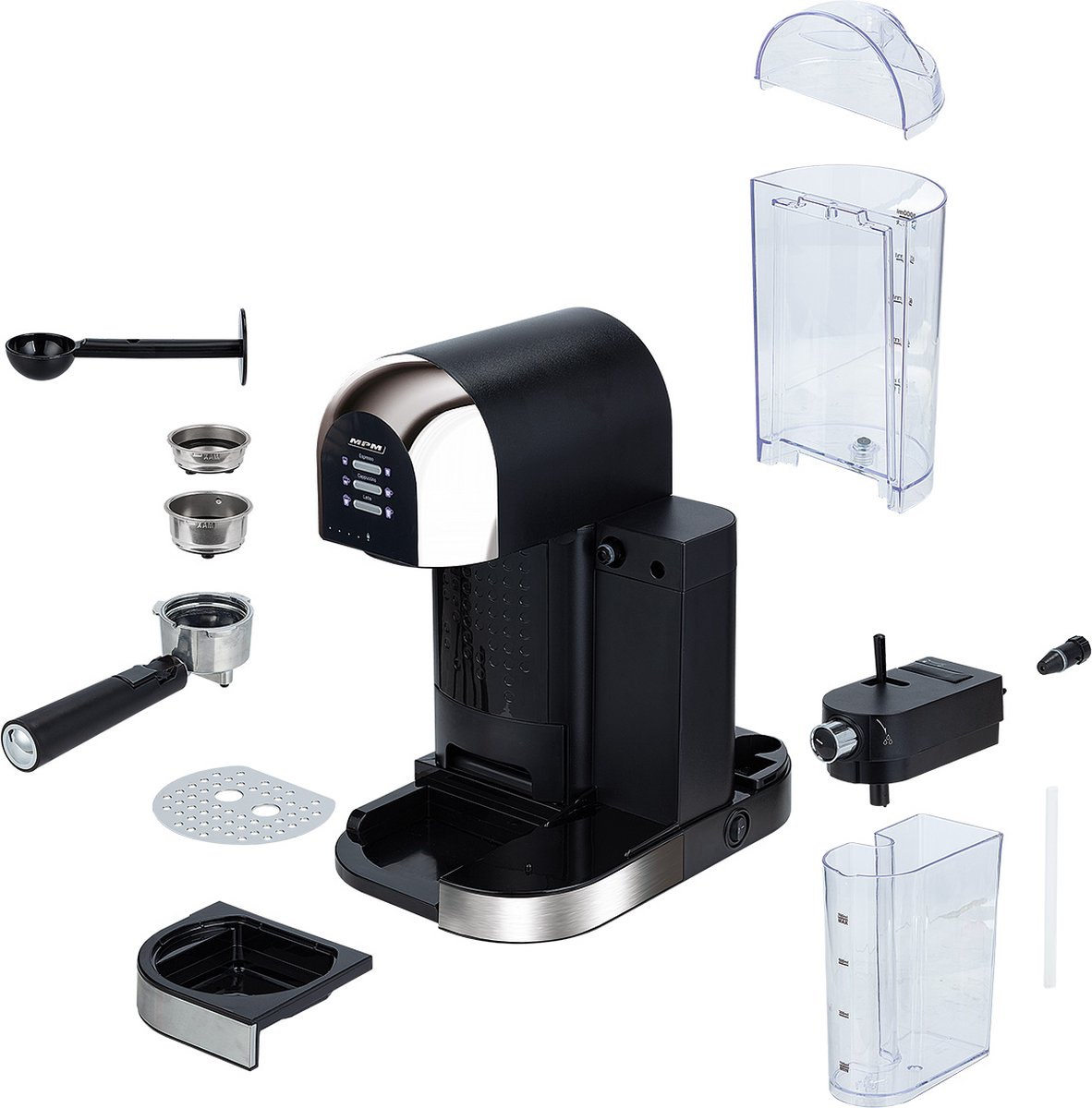 Widok rozstrzelony czarnego ekspresu do kawy z akcesoriami. Tło jest białe.