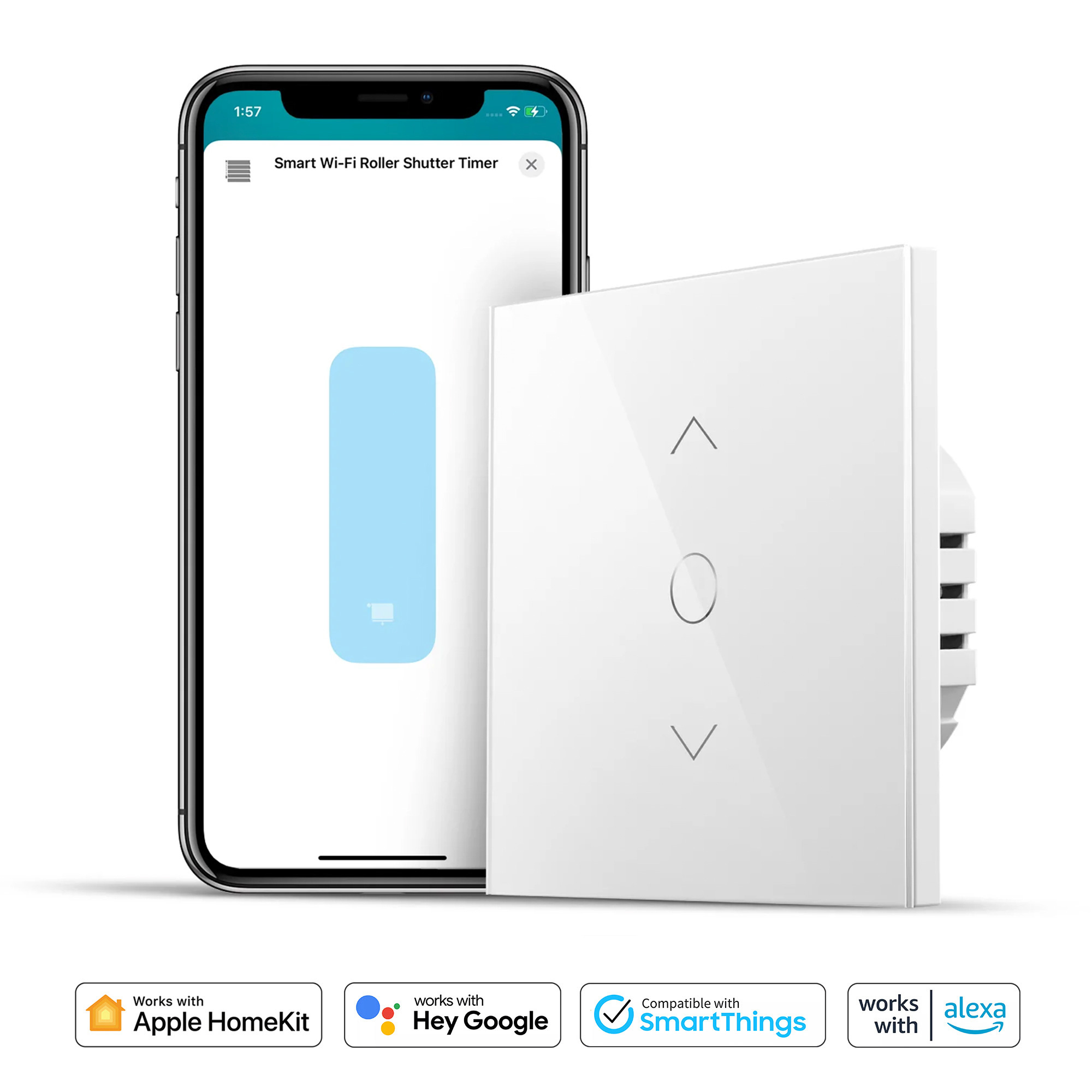 Bir kontrol paneli görüntüleyen bir akıllı telefonla beyaz bir akıllı ev cihazı. Apple HomeKit vb. için simgeler.