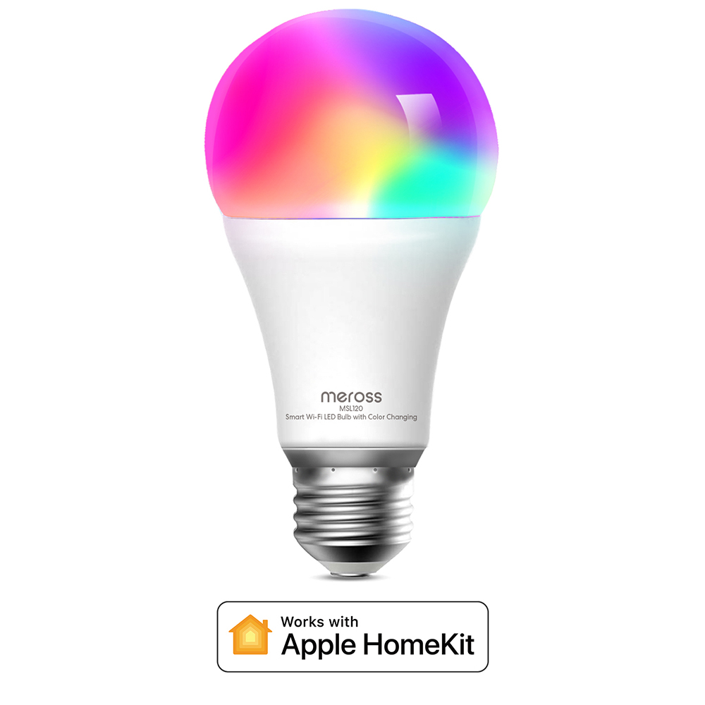 Renkli üst kısma ve Apple HomeKit logosuna sahip akıllı bir LED ampul.