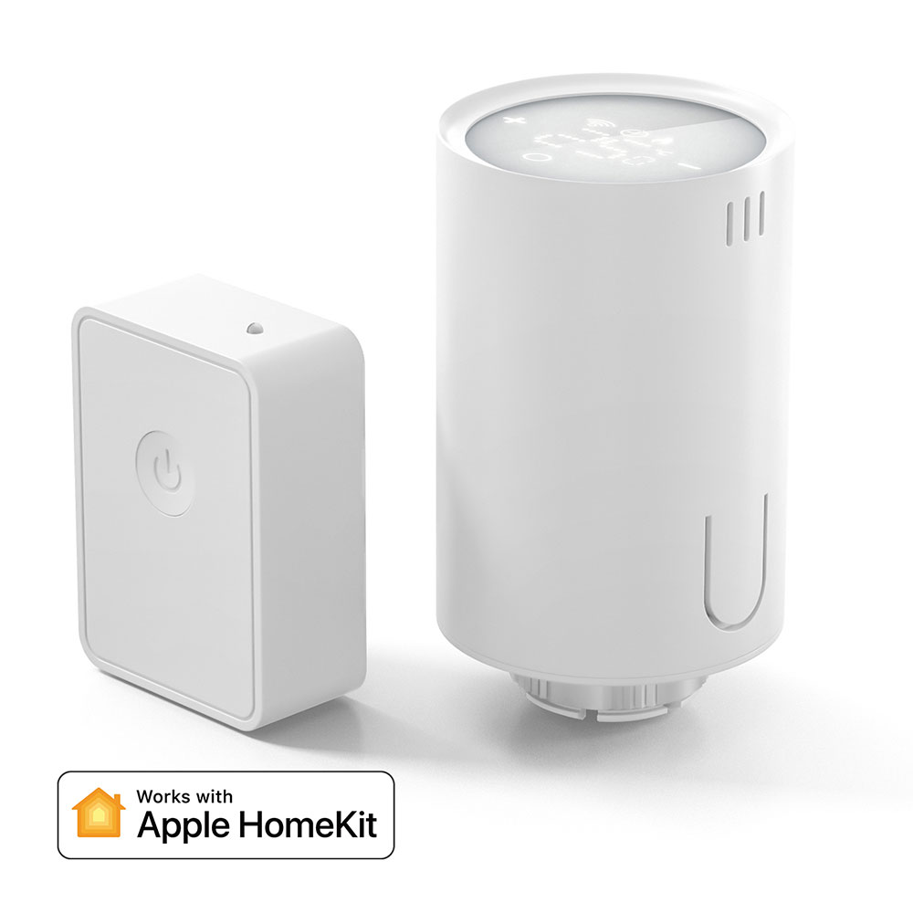 İki beyaz akıllı ev cihazı; biri silindirik, diğeri dikdörtgen, Apple HomeKit logosu ile.