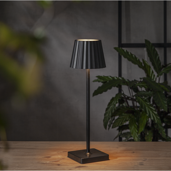 Eine schwarze Lampe mit plissiertem Lampenschirm, stehend auf einem Holztisch, mit einer Pflanze im Hintergrund.