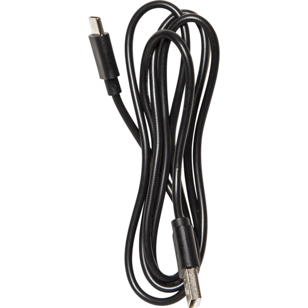 Ein schwarzes USB-C-zu-USB-Kabel mit Anschlüssen an beiden Enden. Es befindet sich auf schwarzem Hintergrund.