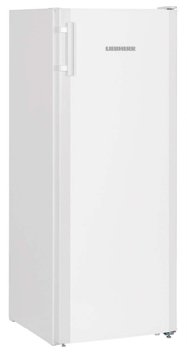 Ein hoher weißer Kühlschrank mit Griff auf der linken Seite und dem Liebherr-Logo.