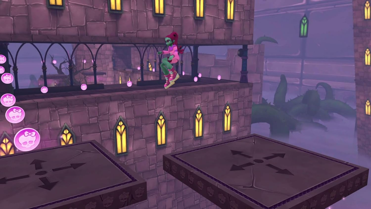 Un personaje saltando sobre una plataforma en un videojuego. Fondo de castillo morado.