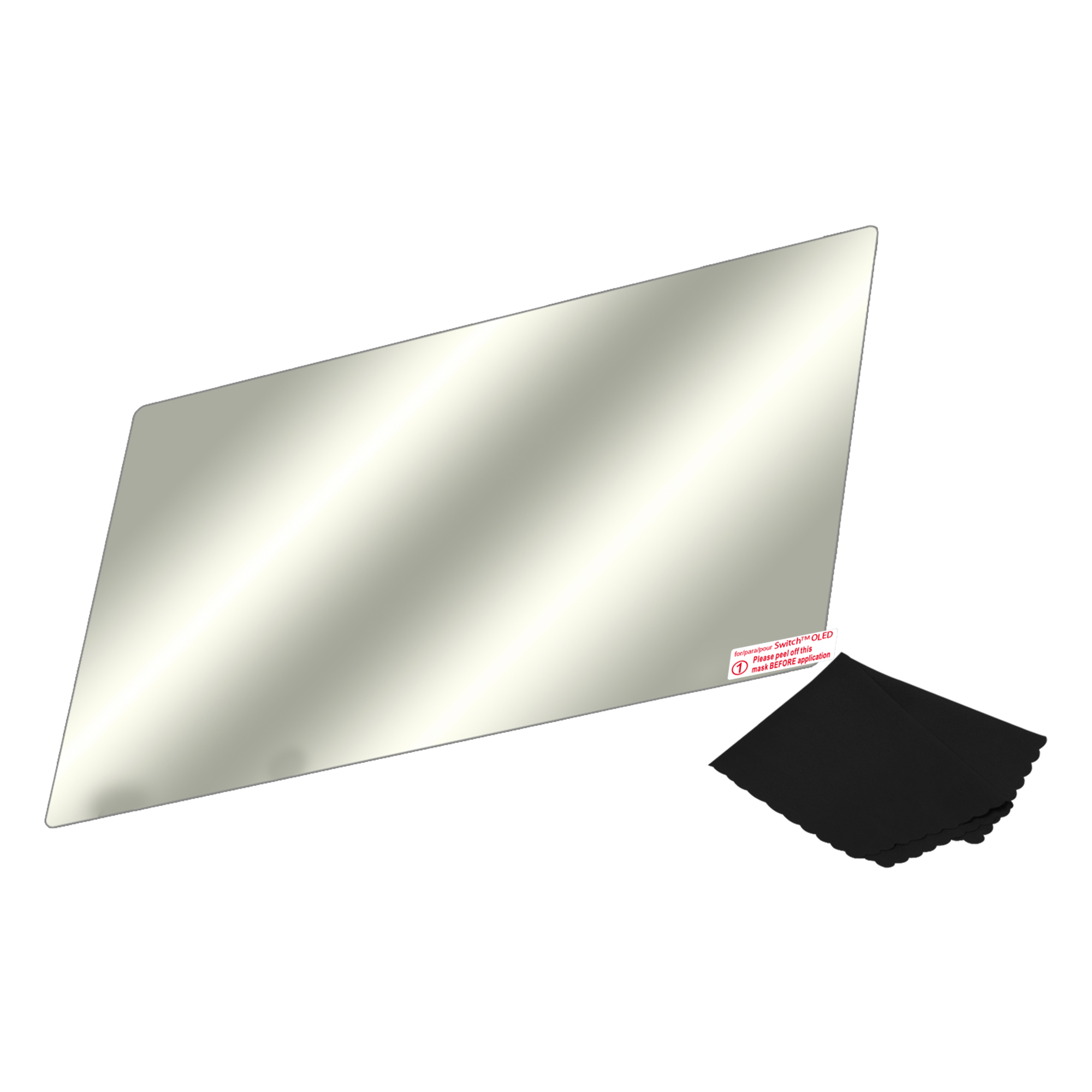 Un protector de pantalla transparente con un paño de limpieza negro. El protector está en ángulo.