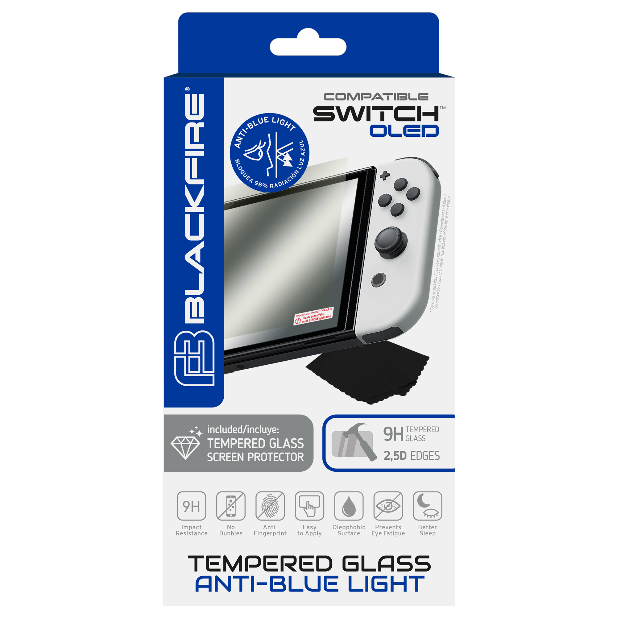 Protector de pantalla en caja para una Nintendo Switch OLED blanca. Incluye un paño y características.