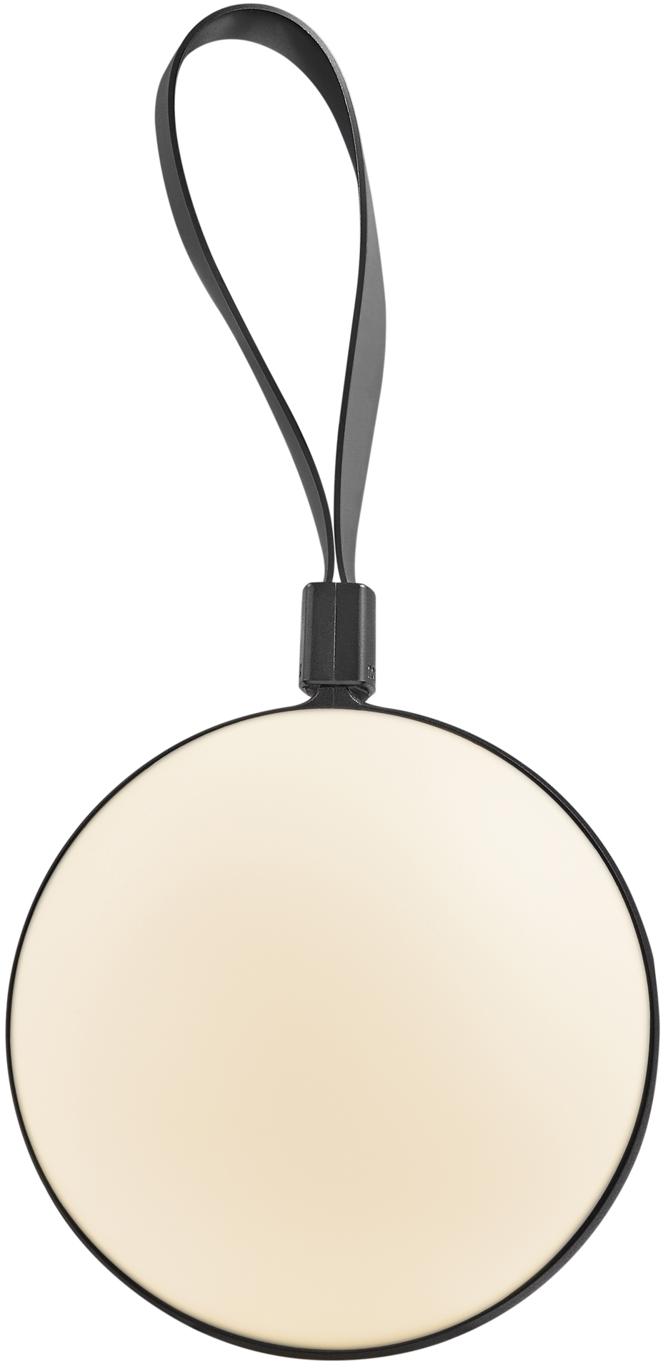 Eine schwarze, runde, moderne Lampe mit einem schwarzen Riemen.