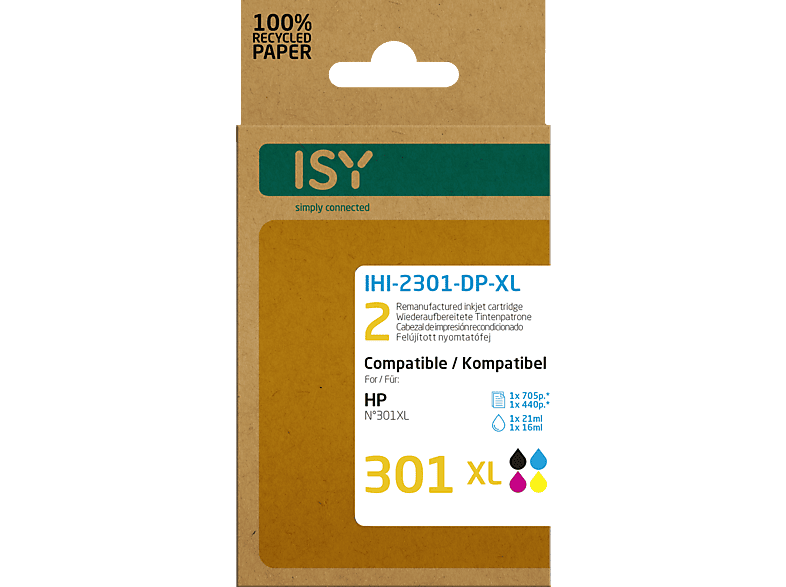 ISY IHI-2301-DP-XL Ink cartridge Mehrfarbig (Doppelpack 2 HP Nr. 301XL black + Nr. 301XL colour)