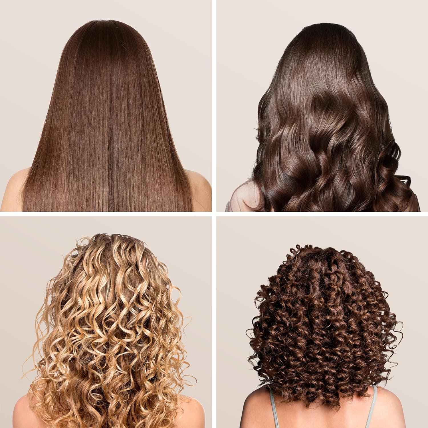 Quattro immagini che mostrano vari stili di capelli. Vengono mostrati tipi di capelli lisci, mossi, ricci e crespi.