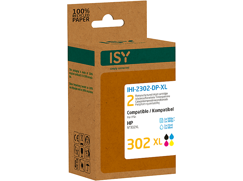 Thumbnail - ISY IHI-2302-DP-XL DP Tintenpatrone Mehrfarbig (Doppelpack 2 HP Nr. 302XL black + colour)