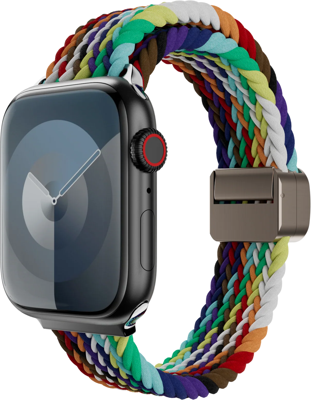Fekete Apple Watch többszínű fonott szíjjal. A szíj a szivárvány színeiben pompázik.