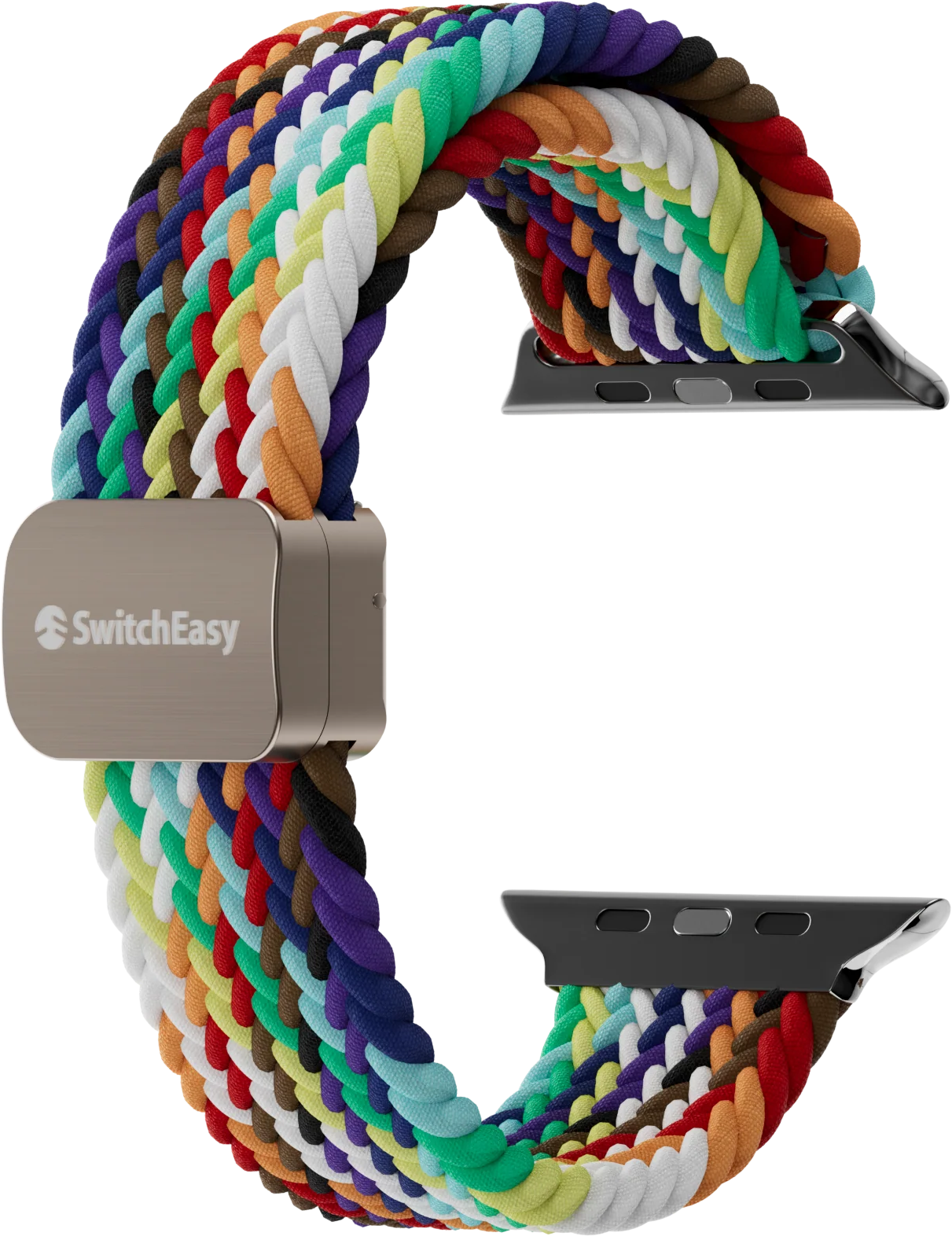 Többszínű fonott Apple Watch szíj. Ezüst csatok és a SwitchEasy logó.