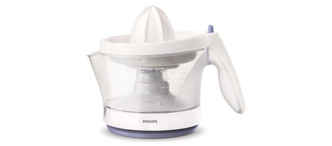 Egy fehér és átlátszó Philips citrusfacsaró fehér háttéren.