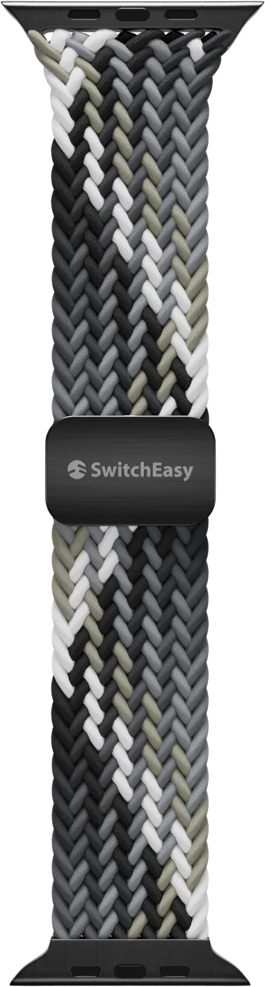 Fonott Apple Watch szíj fekete, fehér és szürke színben. SwitchEasy logó látható.