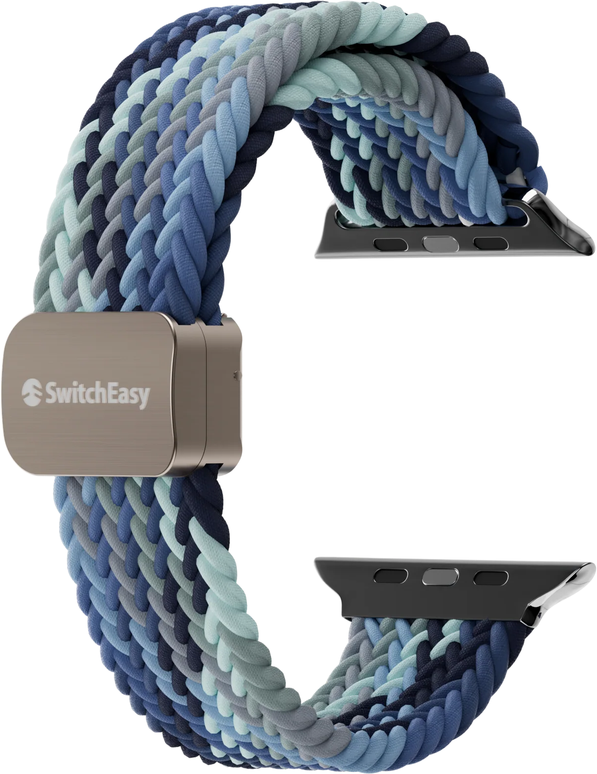 Fonott kék és szürke Apple Watch szíj szürke fém csattal és fekete csatlakozókkal.