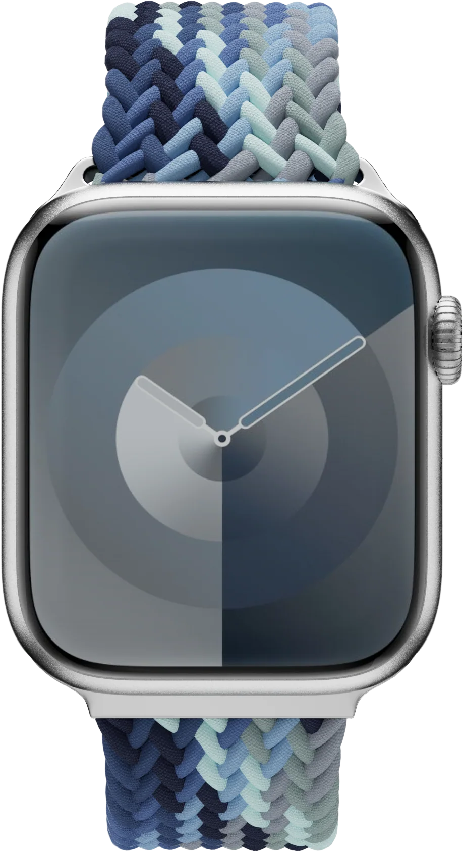 Ezüst Apple Watch kék fonott szíjjal. Az óralap kék színátmenetet mutat.