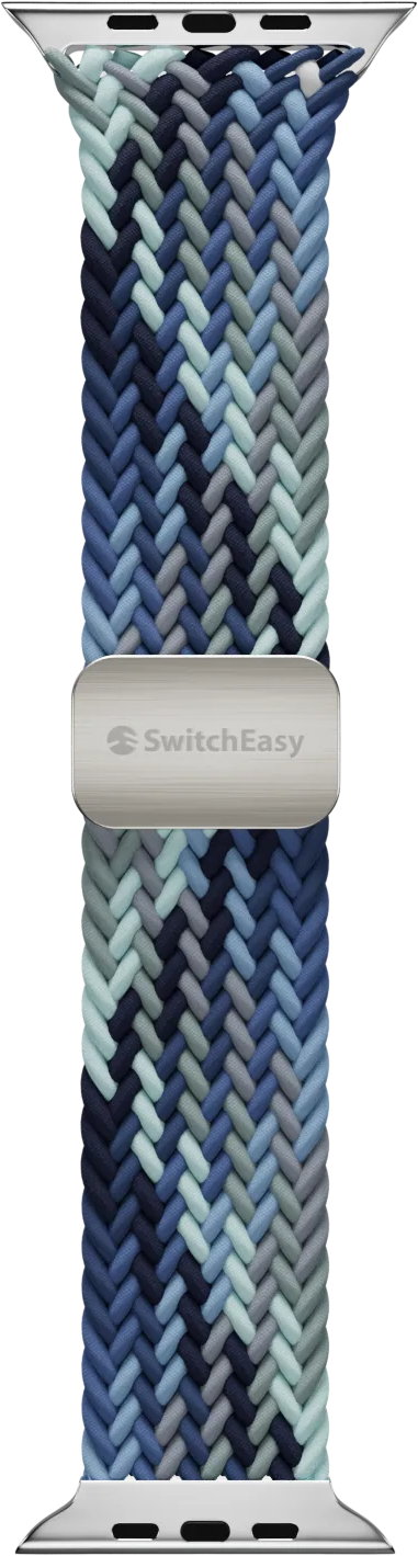 Fonott Apple Watch szíj. Kék, szürke és fehér színek. Ezüst SwitchEasy csattal.