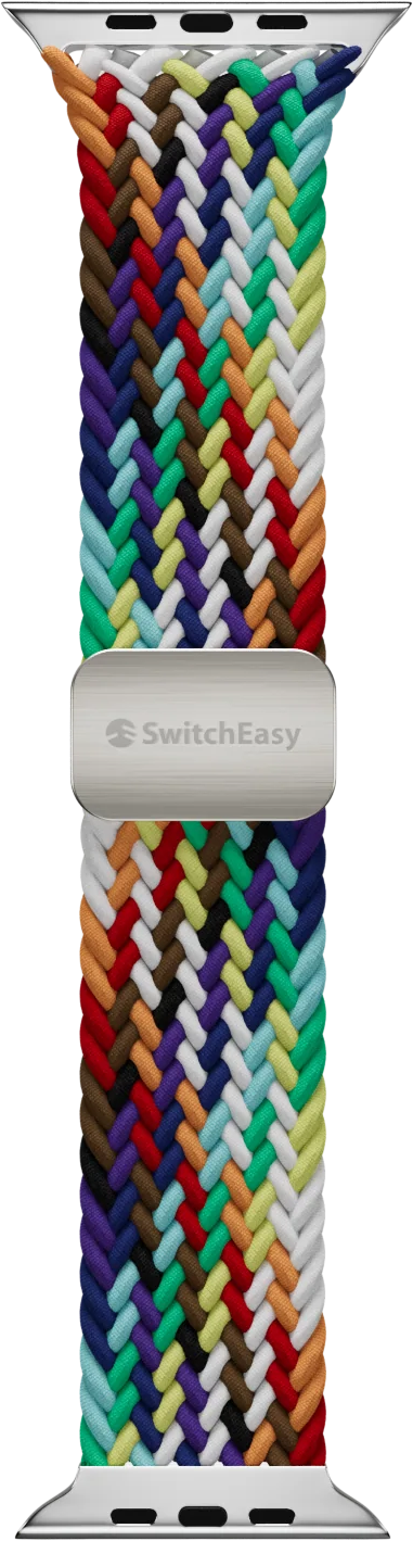 Egy fonott Apple Watch szíj színes cérnákkal és egy ezüst csattal, amelyen a 'SwitchEasy' felirat látható.