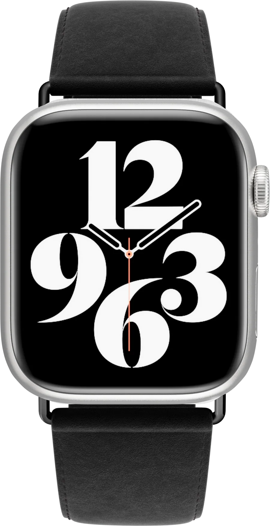 Ezüst Apple Watch fekete szíjjal, nagyméretű fehér számokkal ellátott digitális számlappal.