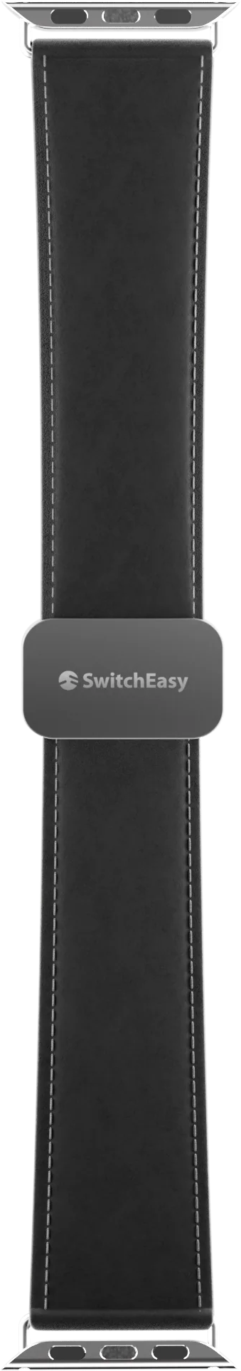 Fekete bőr óraszíj SwitchEasy logóval. Fehér varrás és ezüst csatok.