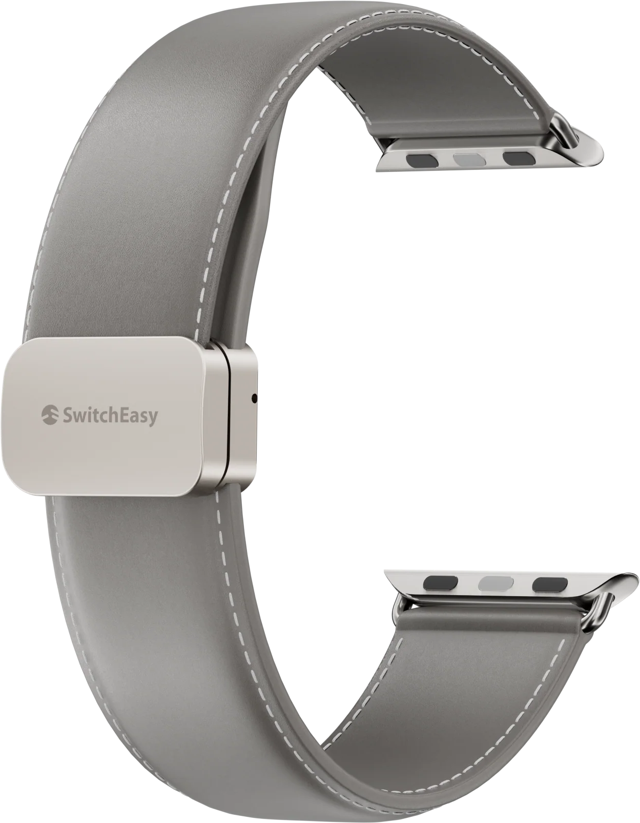 Egy szürke Apple Watch szíj ezüst csattal.