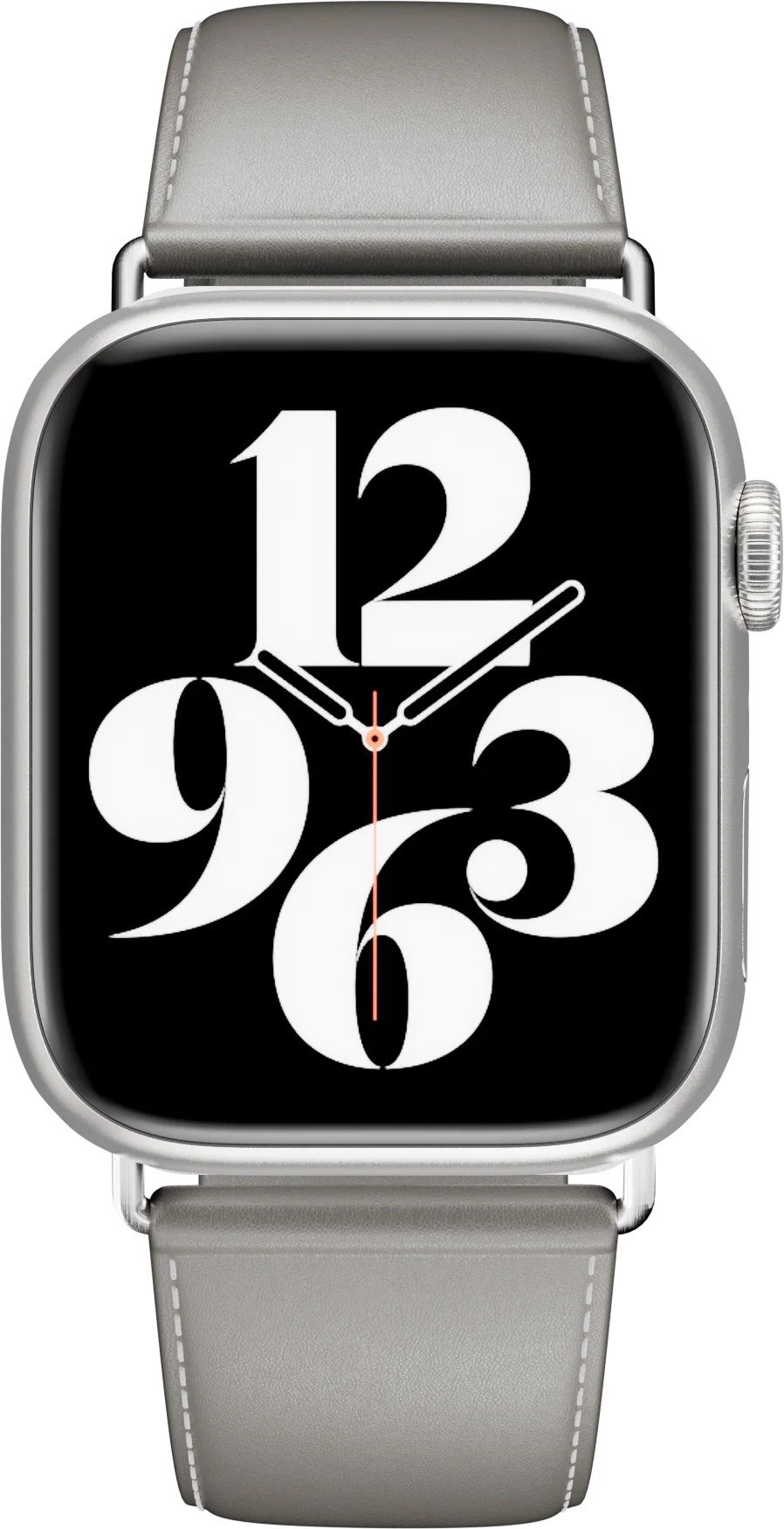 Ezüst Apple Watch szürke bőrszíjjal. Nagy fehér számok fekete képernyőn.
