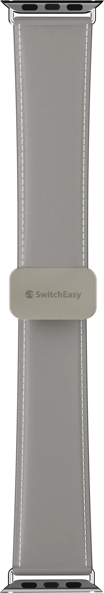 Szürke óraszíj fehér varrással, középen egy ezüst SwitchEasy logós csattal.