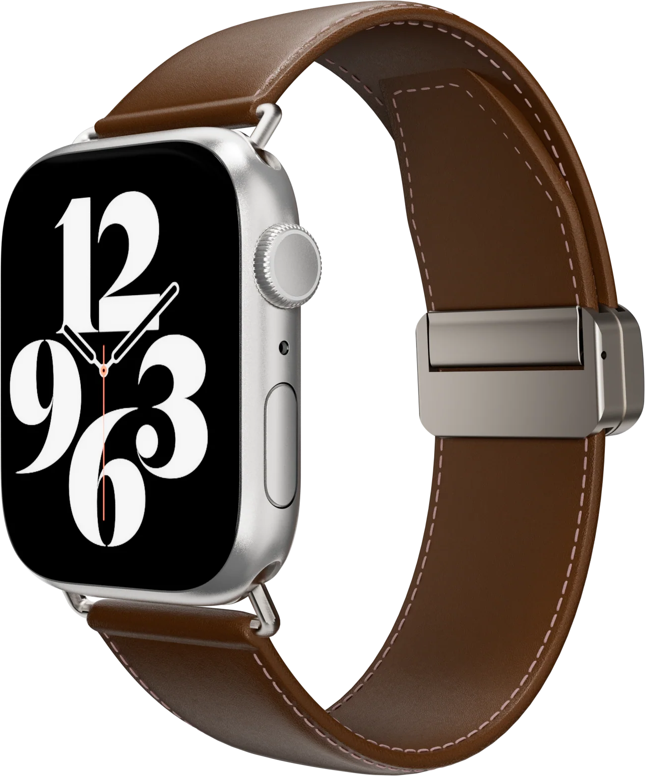 Apple Watch barna bőr szíjjal, időt mutat.