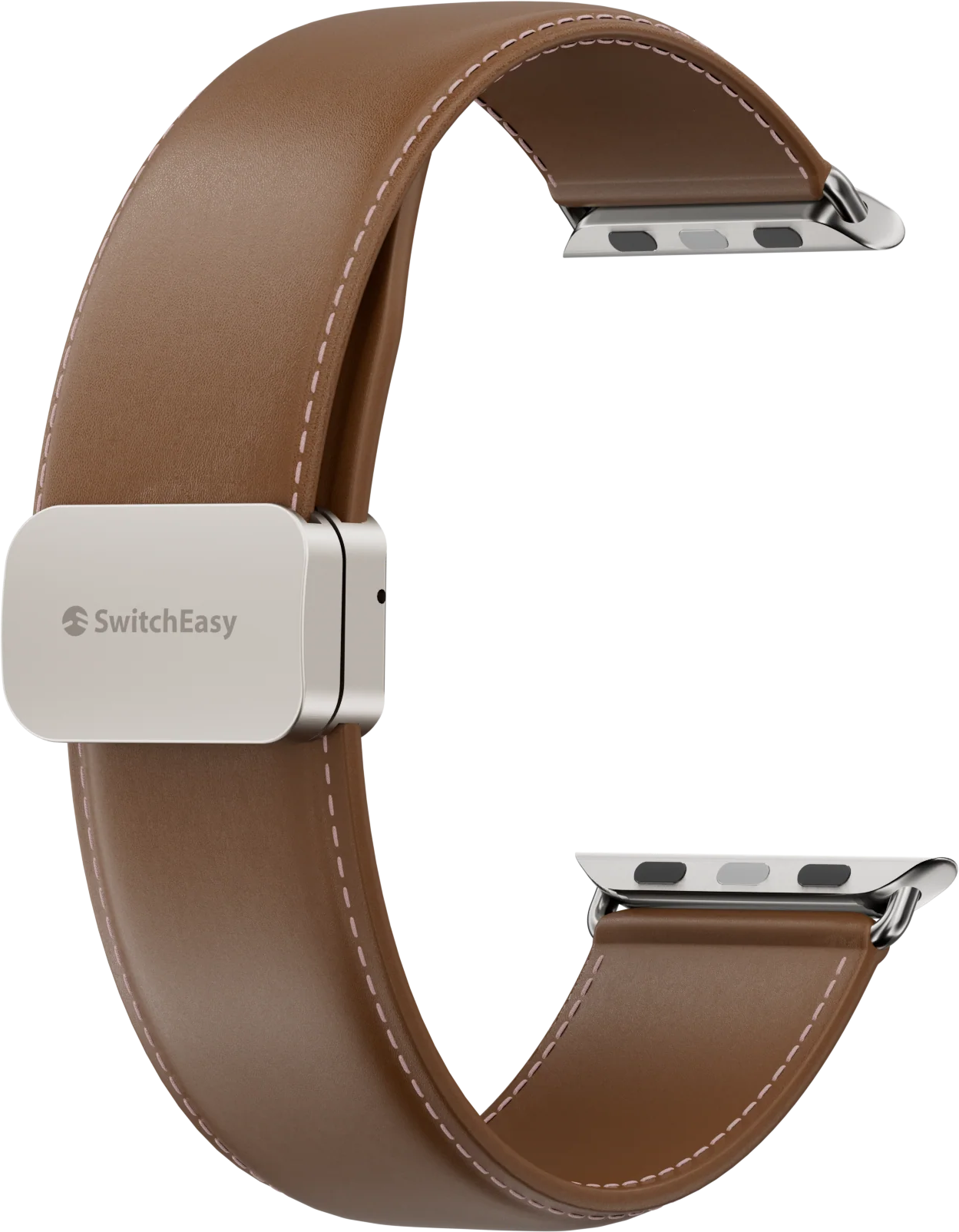 Egy barna bőr Apple Watch szíj ezüst SwitchEasy kapoccsal.