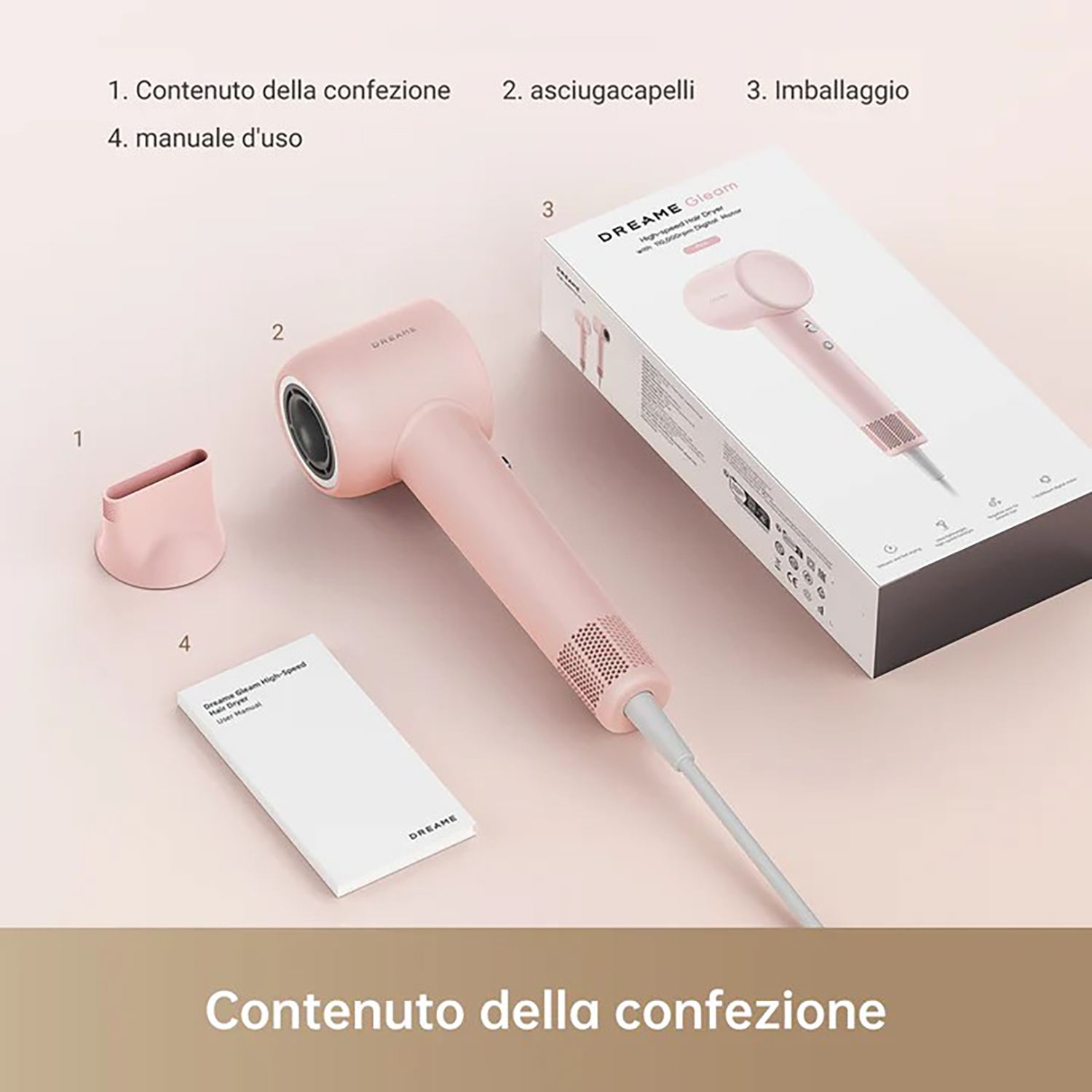 Asciugacapelli rosa e accessori su una superficie rosa con etichette in italiano.