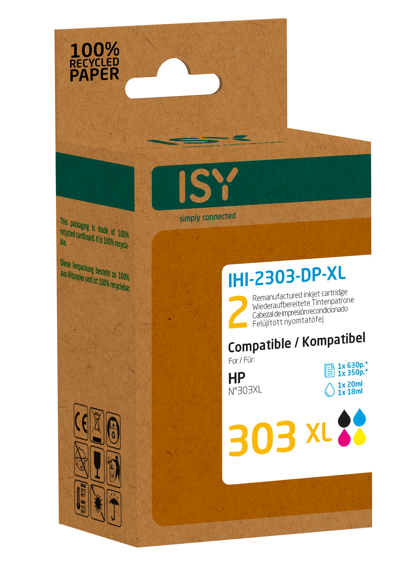 Eine Schachtel mit ISY-Tintenpatronen mit Text und farbigen Tintenpatronensymbolen.