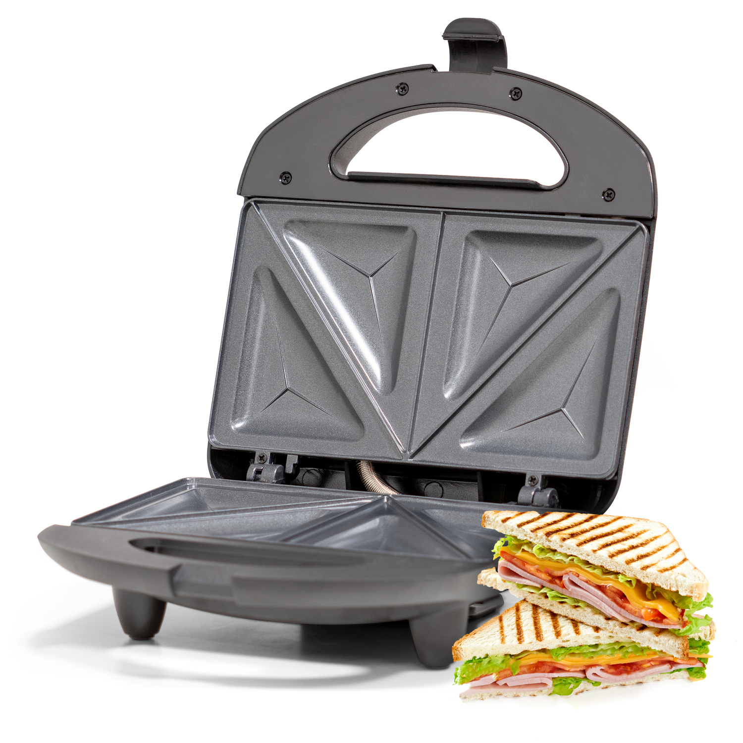 Sandwichera abierta, con dos sándwiches. Pan tostado, queso y rellenos.