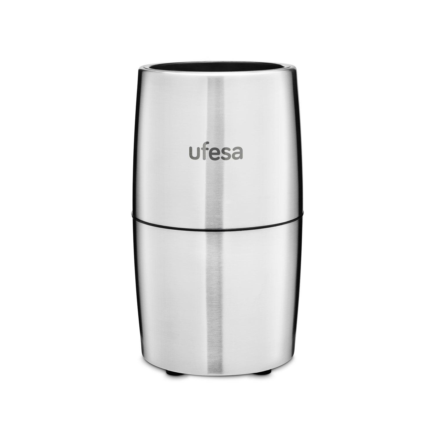 Una picadora de hielo cilíndrica de acero inoxidable de dos partes con la marca "ufesa".