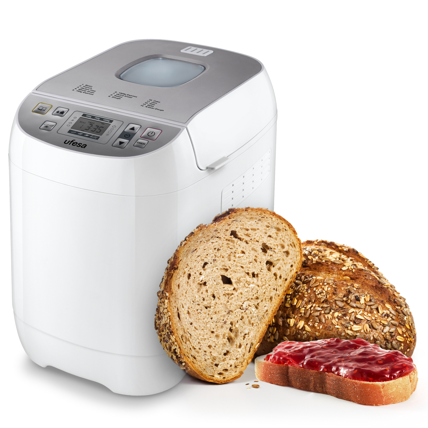 Panificadora blanca con dos rebanadas de pan y una rebanada de pan con mermelada.