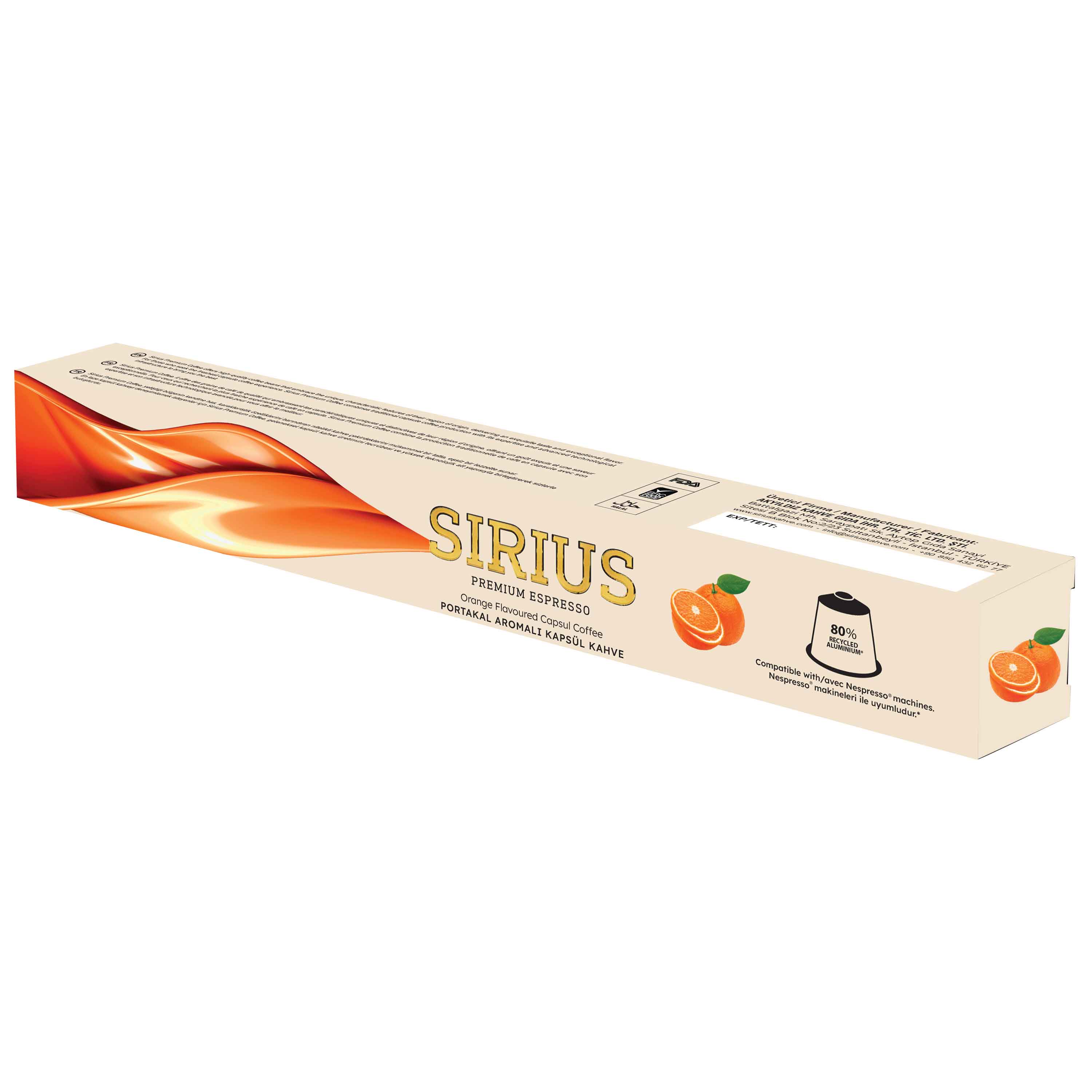 Sirius premium espresso portakal aromalı kahve kapsülleri kutusu.