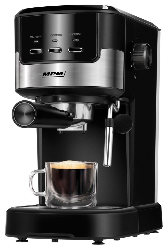 Czarno-srebrny ekspres do kawy ze szklanym kubkiem wypełnionym ciemną kawą i dyszą do spieniania mleka.