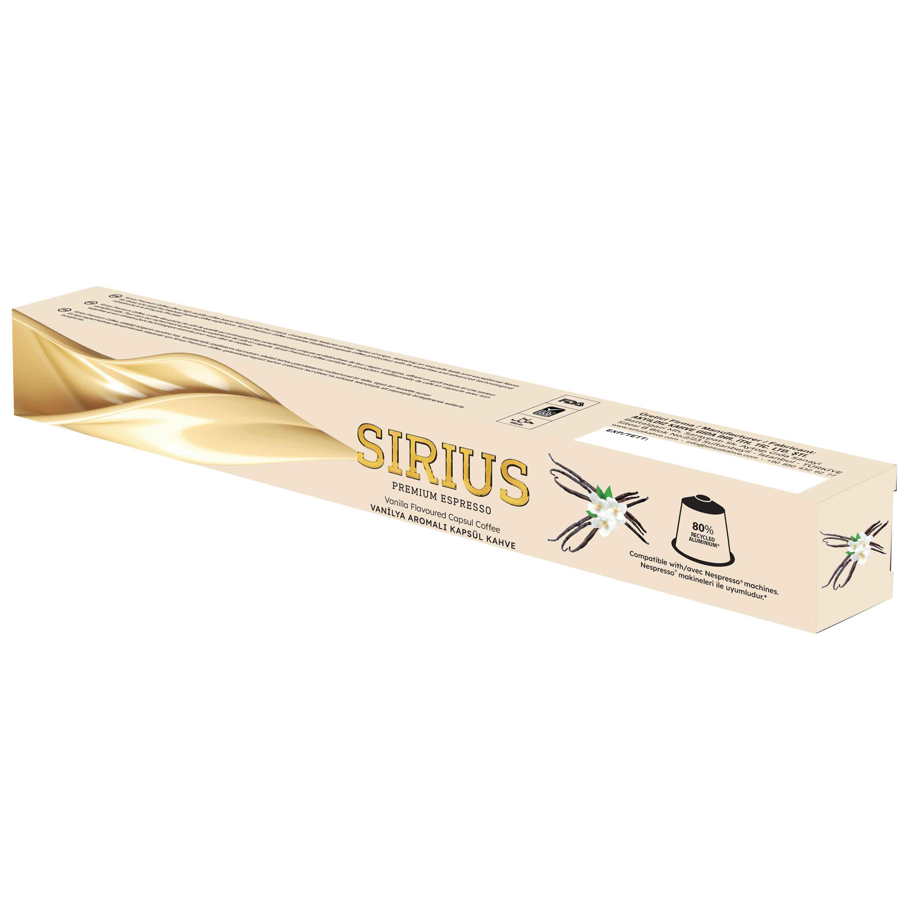Sirius vanilyalı espresso kahve kutusu. Beyaz ve altın rengi. Beyaz arka planda izole edilmiş.