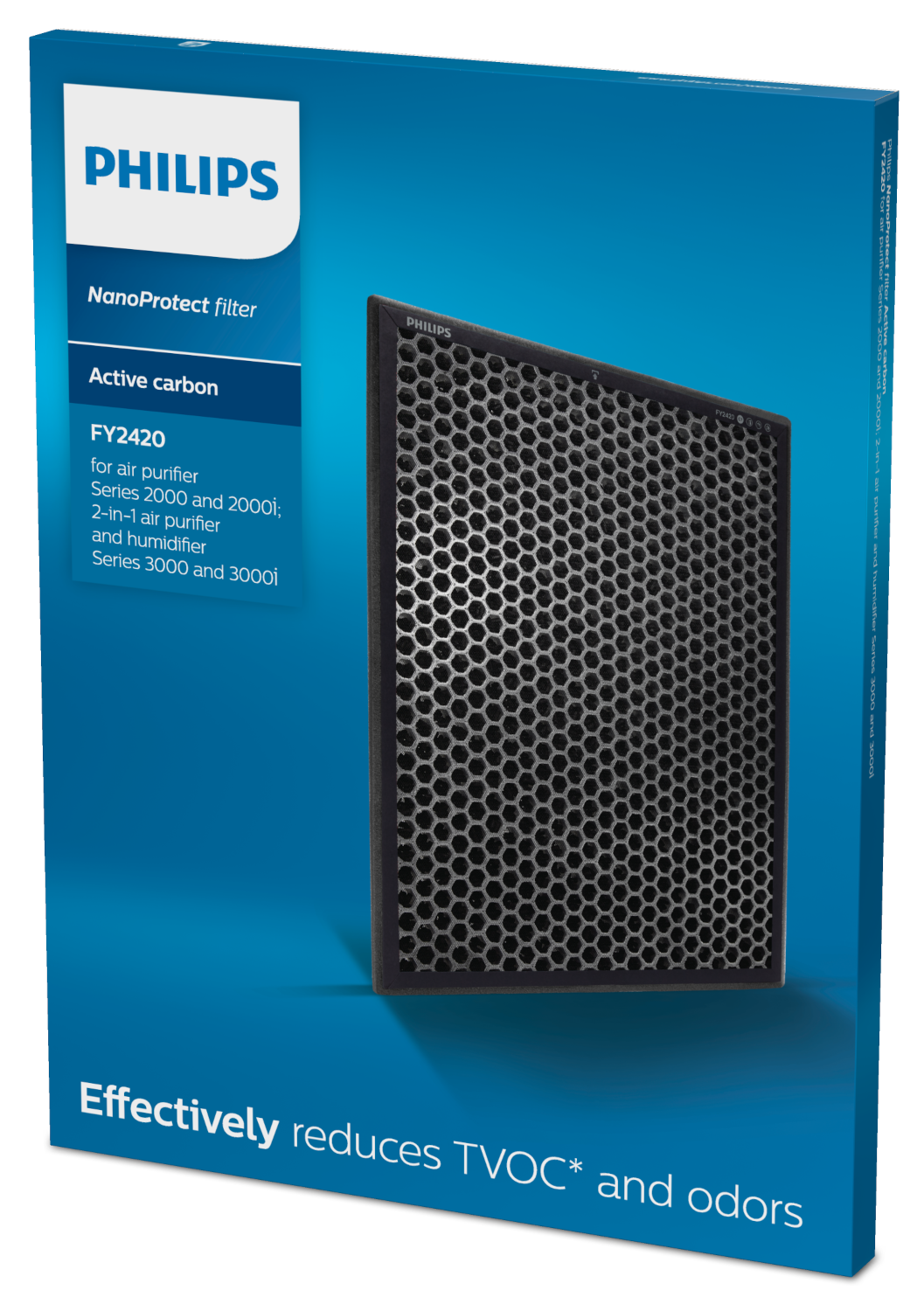 Kék doboz Philips NanoProtect szűrővel a légtisztítóhoz. Aktívszén szűrő látható.