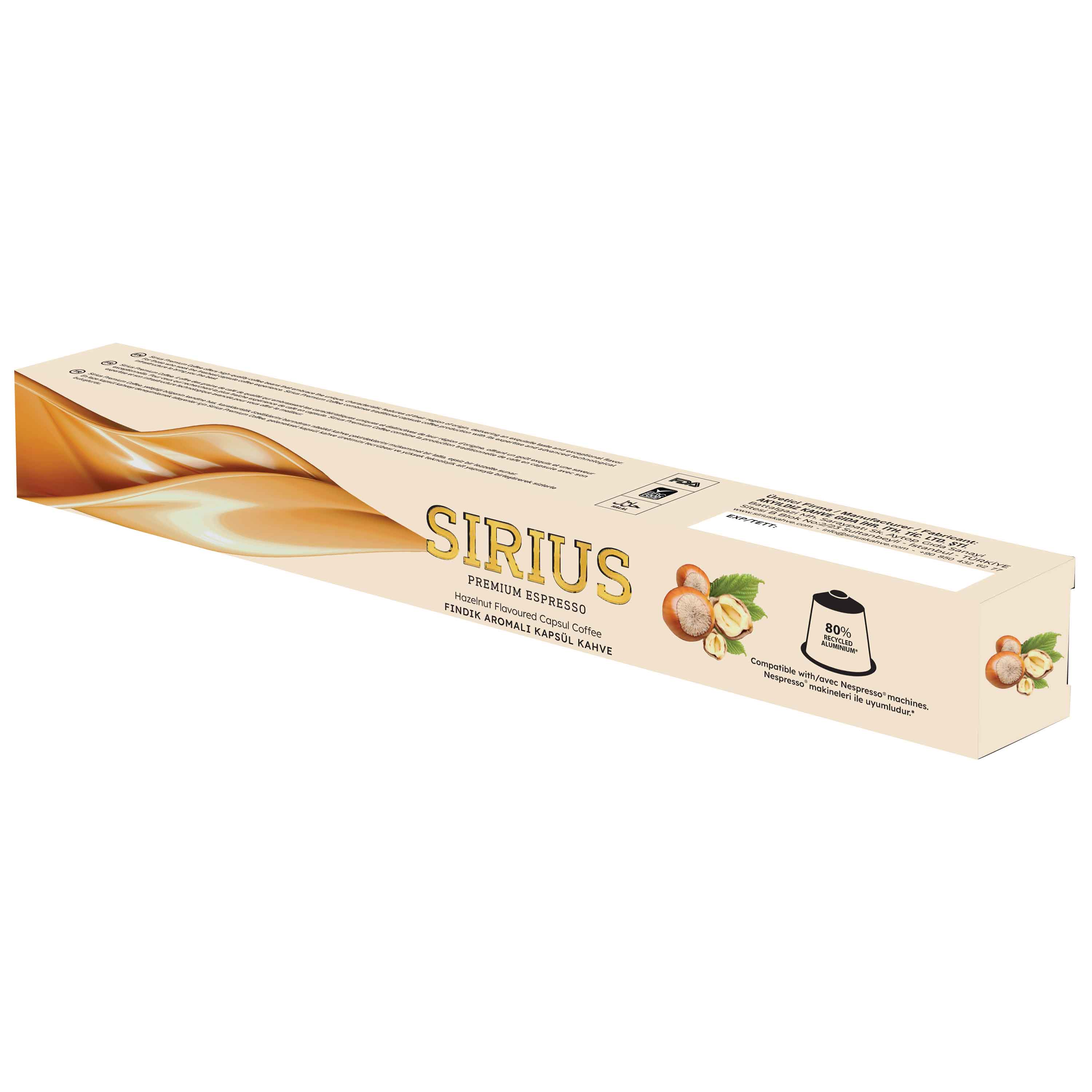 Sirius premium espresso fındık aromalı kahve kapsülleri kutusu.