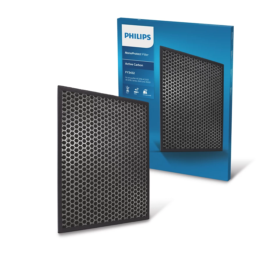 Légszűrő méhsejt szerkezettel és csomagoló dobozzal, mindkettőn Philips logóval.