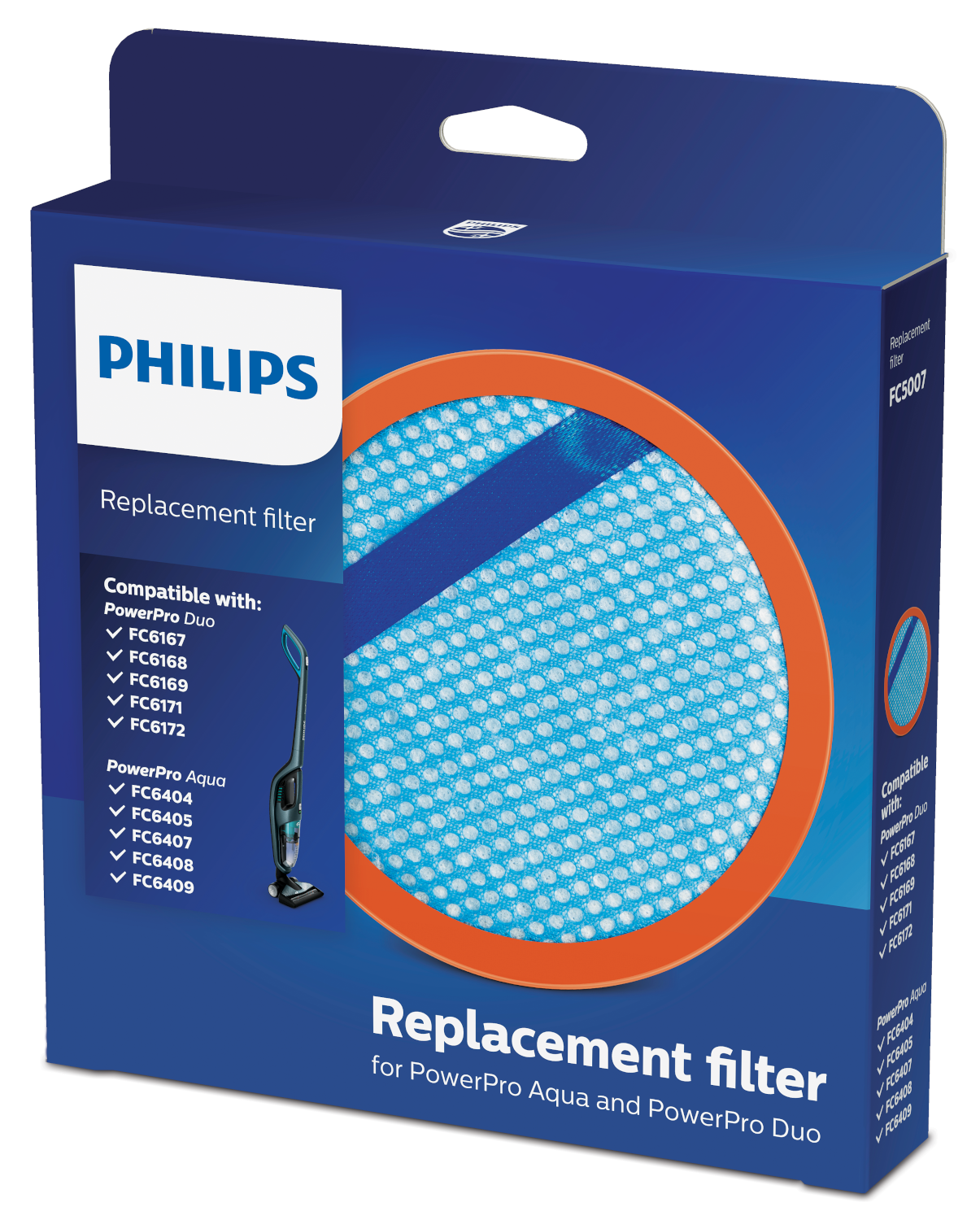 Kék-fehér doboz Philips csereszűrőhöz, termék- és márkaadatokkal.