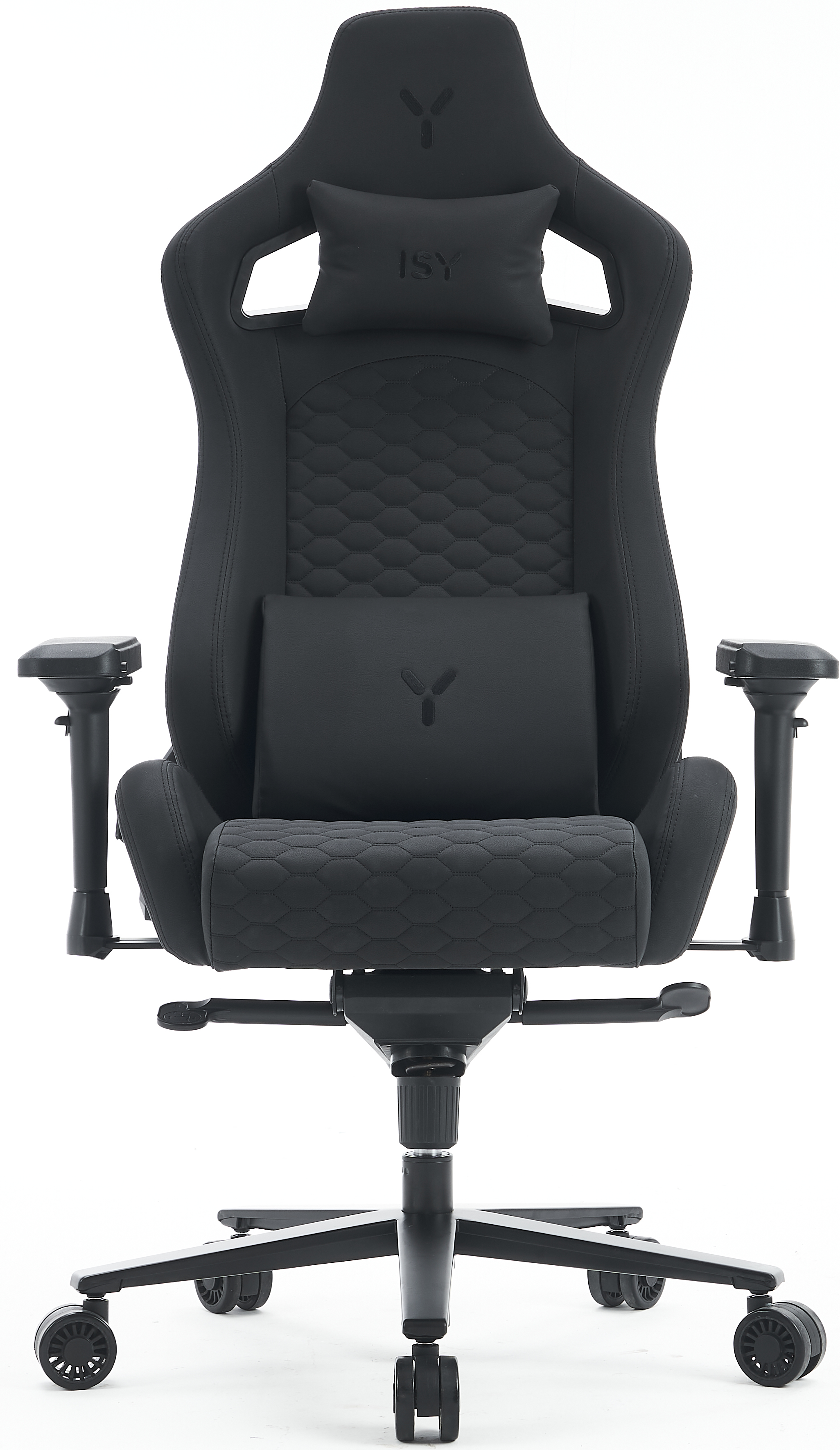 Fekete gamer szék fejtámlával és deréktámasszal. ISY logóval és kartámaszokkal. Fehér háttér.
