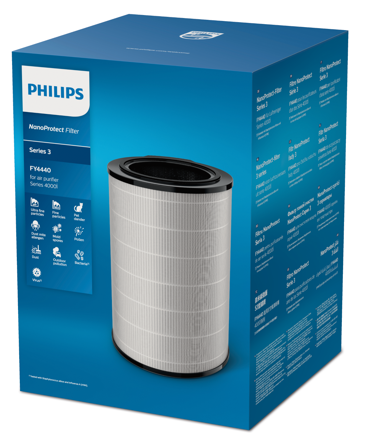 Philips légtisztító szűrő doboz, kék háttér. A doboz a szűrőt és a termékjellemzőket mutatja.